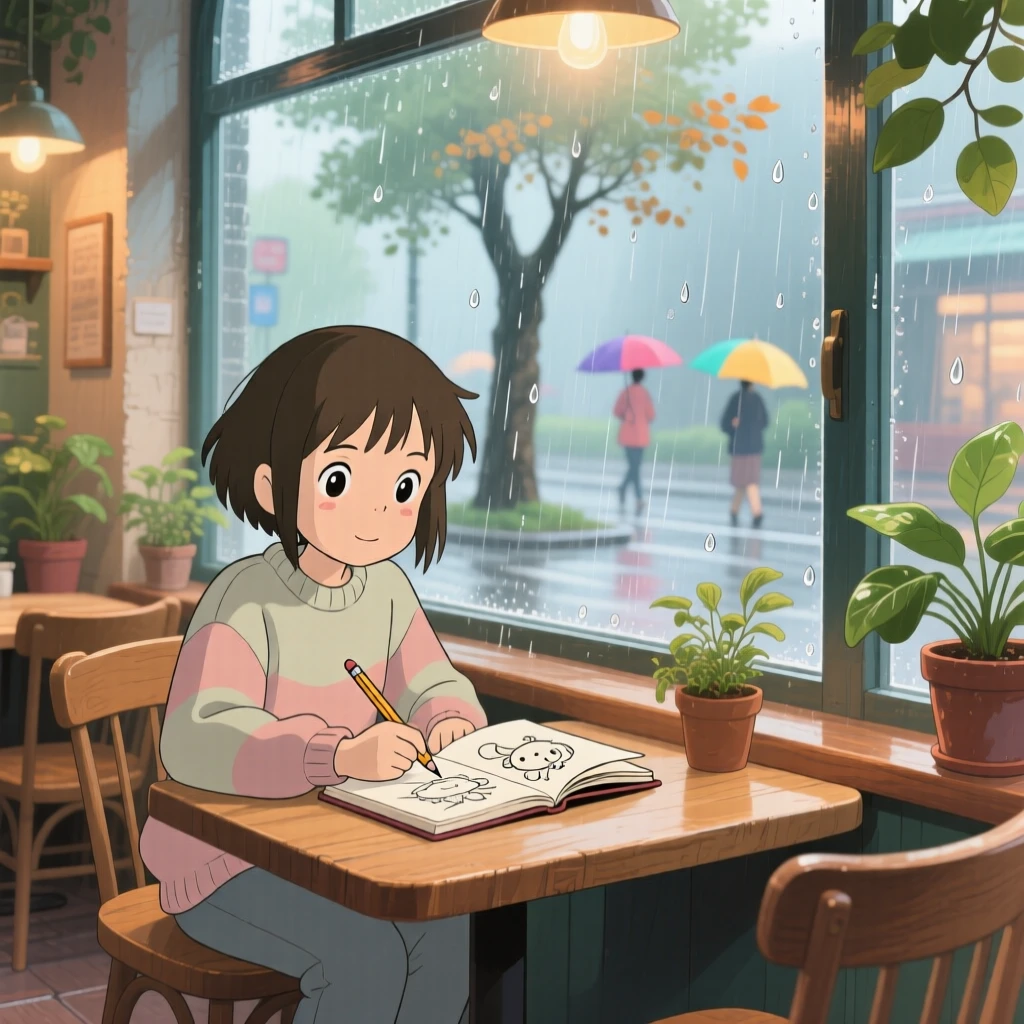 A person sketching in a notebook at a café table, soft rain pattering against the glass outside, the whole scene feeling gently nostalgic.