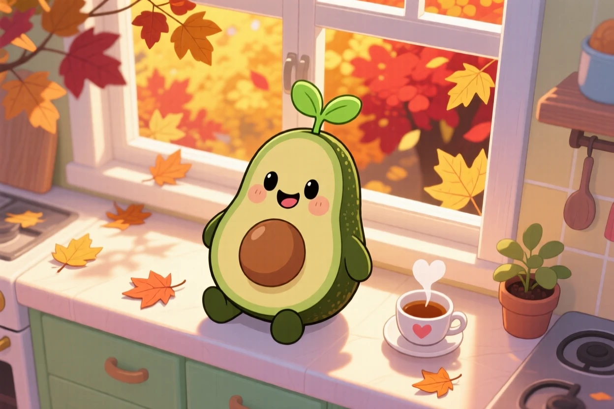 Bird's-eye view of a happy avocado, hatching a tiny sprout from its pit, in a bright kitchen windowsill, during golden autumn harvest season, illuminated by warm morning light filtering through leaves, radiating peaceful calm.