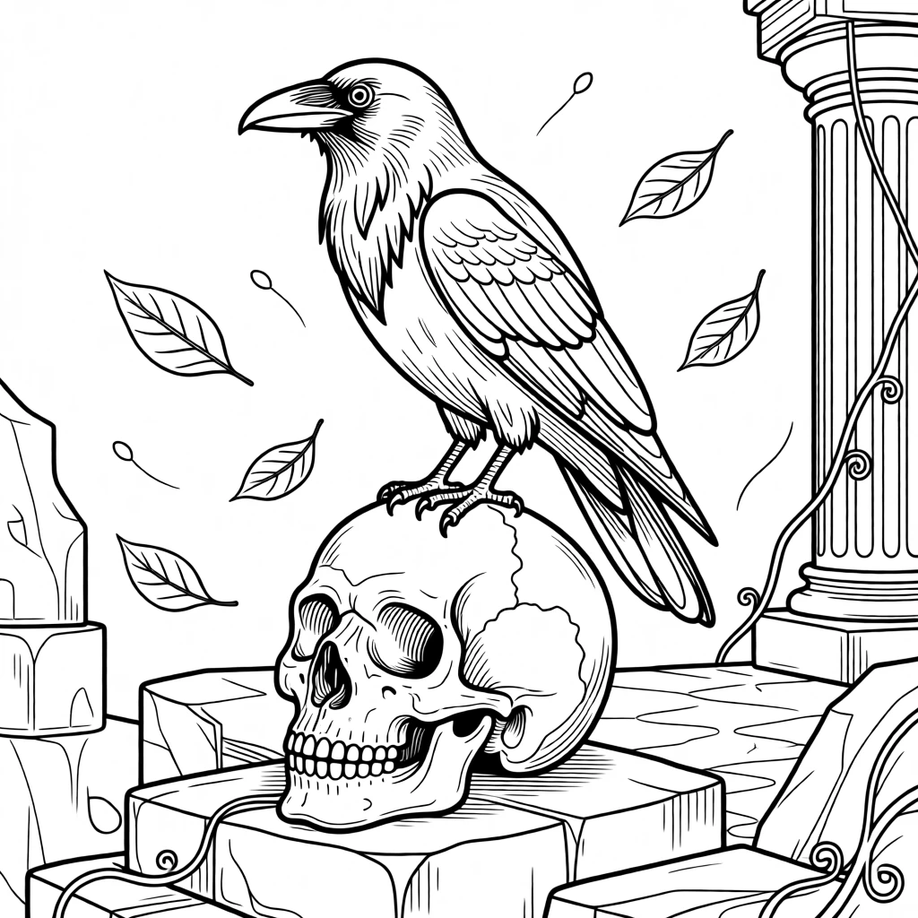 A raven perched on a cracked skull in an old ruin, surrounded by fireflies and drifting leaves.