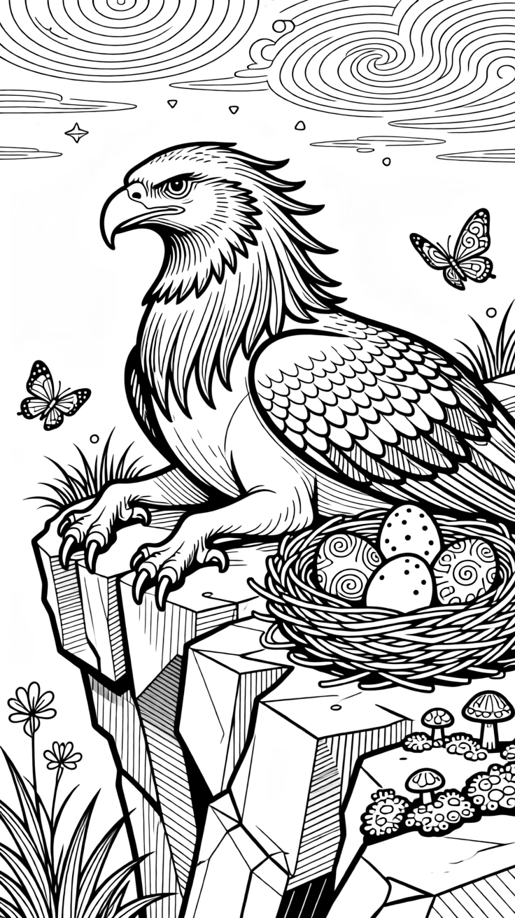 A hippogriff resting on a cliffside beside its nest.