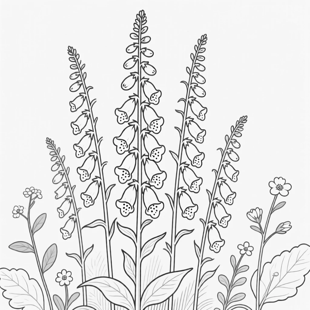 A cluster of foxglove spikes in a cottage garden