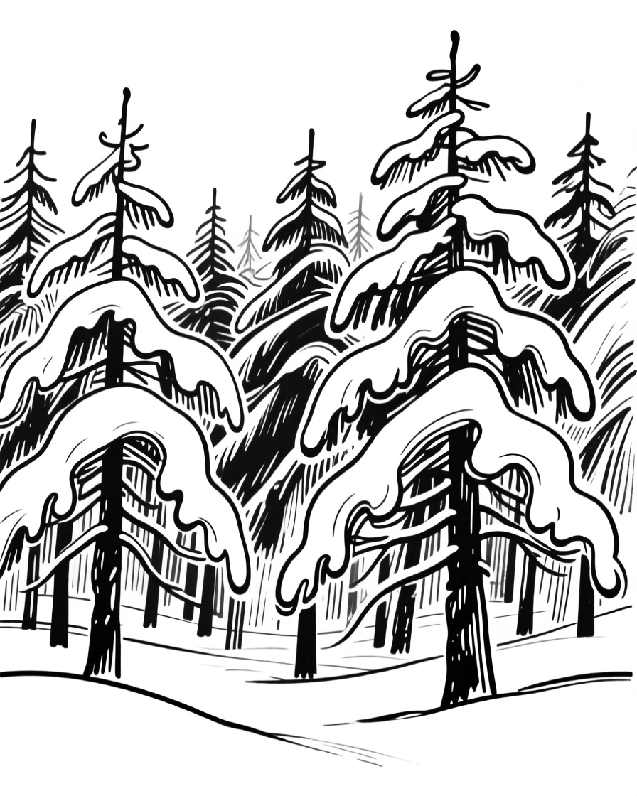 A dense pine forest blanketed in fresh snow under a clear winter sky.