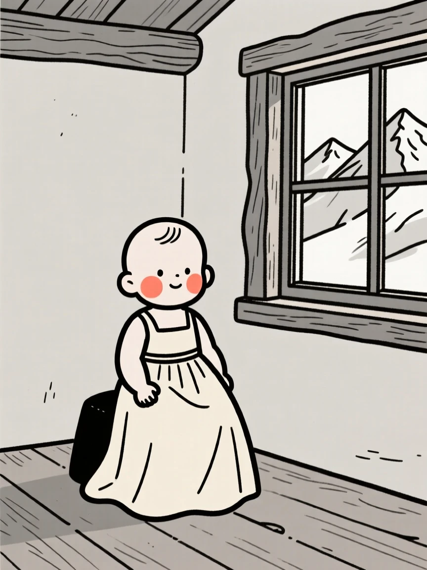 A baby boy of Italian heritage in an elegant evening gown, exuding gentle warmth, in a mountain cabin.