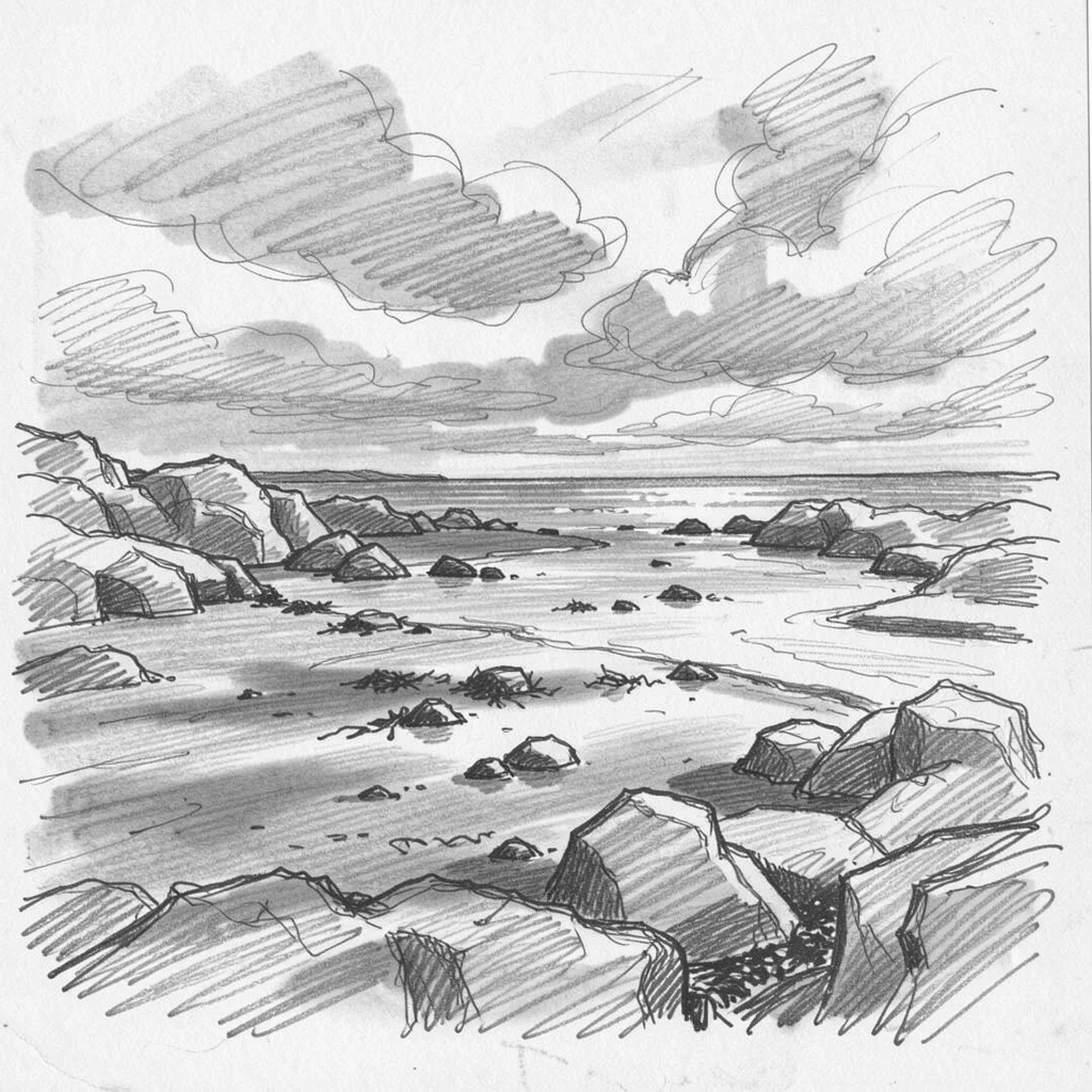 A rugged coastline at low tide, under a dramatic sky streaked with color, with clouds casting slow-moving shadows.
