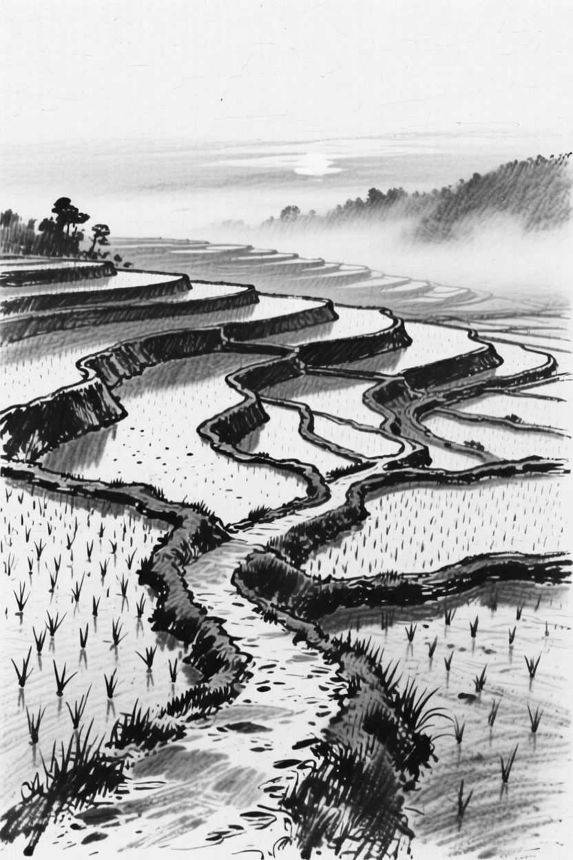 A quiet dawn over rice paddies with a lone winding path leading into the distance.