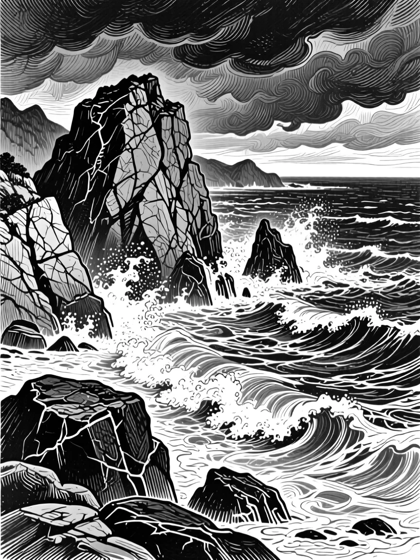 A dramatic rocky coastline battered by crashing ocean waves under stormy skies.