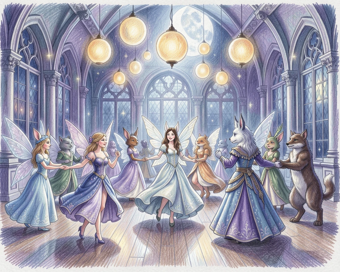 A moonlit ballroom where enchanted creatures dance beneath floating lights, with soft glowing light illuminating every magical detail, full of mystery, beauty, and imaginative charm.