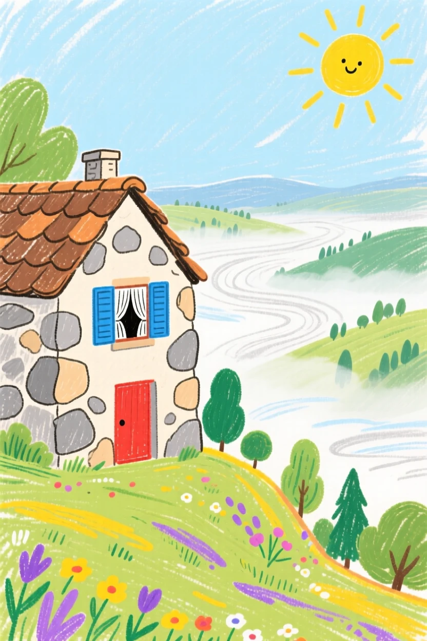 A stone cottage overlooking a valley filled with morning mist.