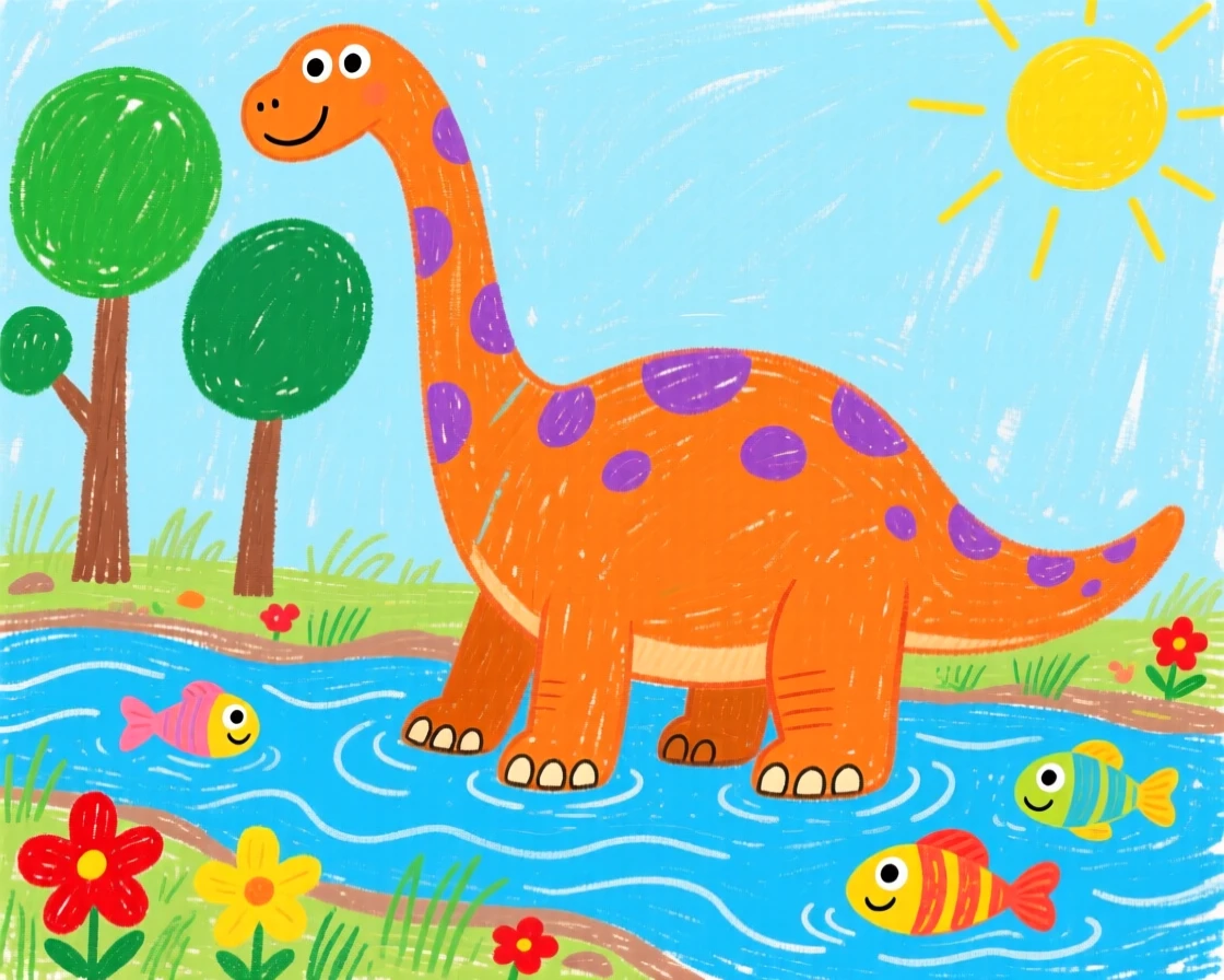 A towering brachiosaurus reaching the treetops wading through a shallow prehistoric river.