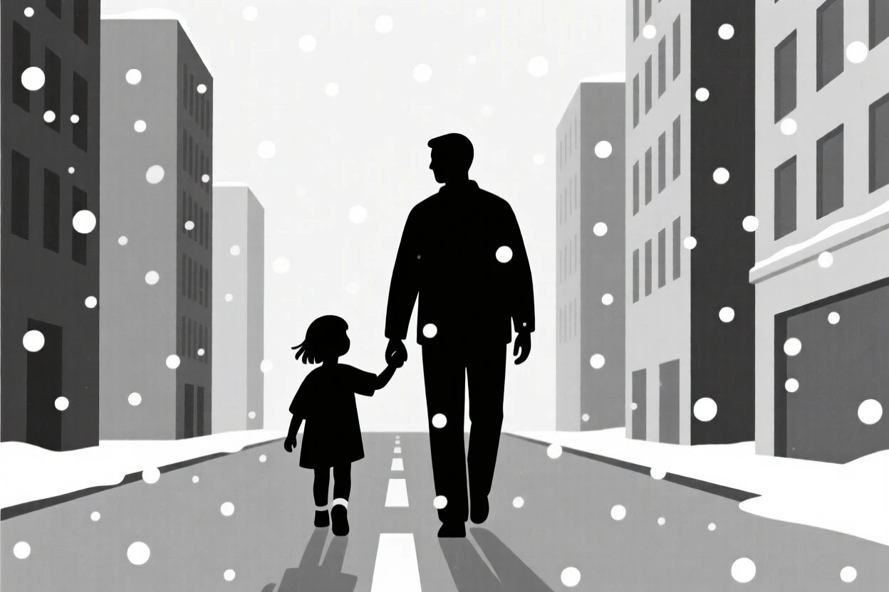 A child walking hand in hand in a bustling city street, surrounded by soft falling snow, conveying quiet joy.