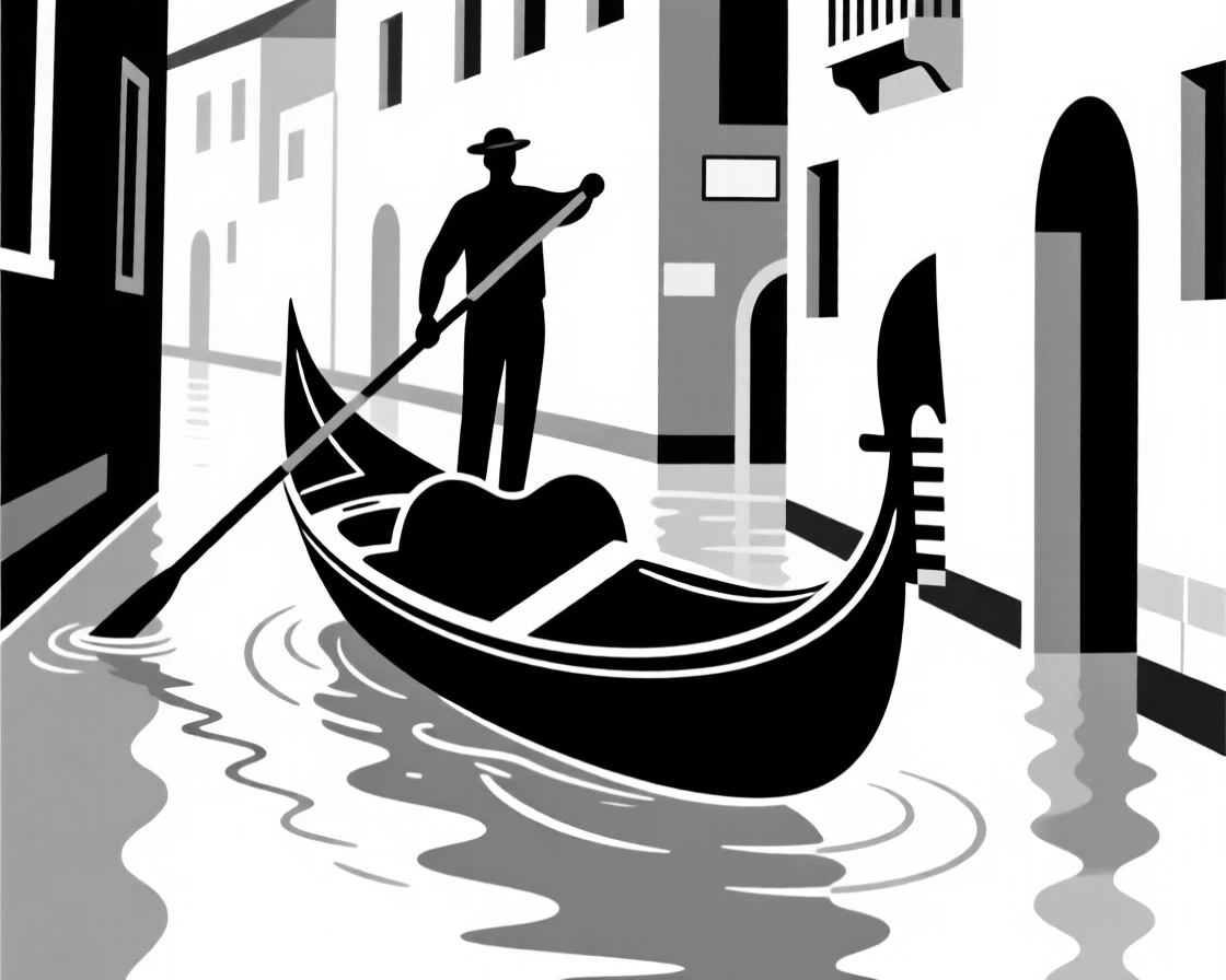 A gondola gliding through a Venetian canal.