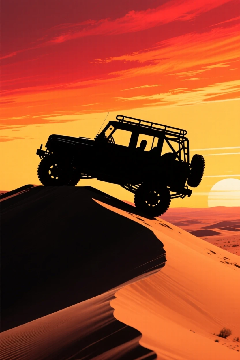 An off-road jeep cresting a dune in a vast desert landscape.
