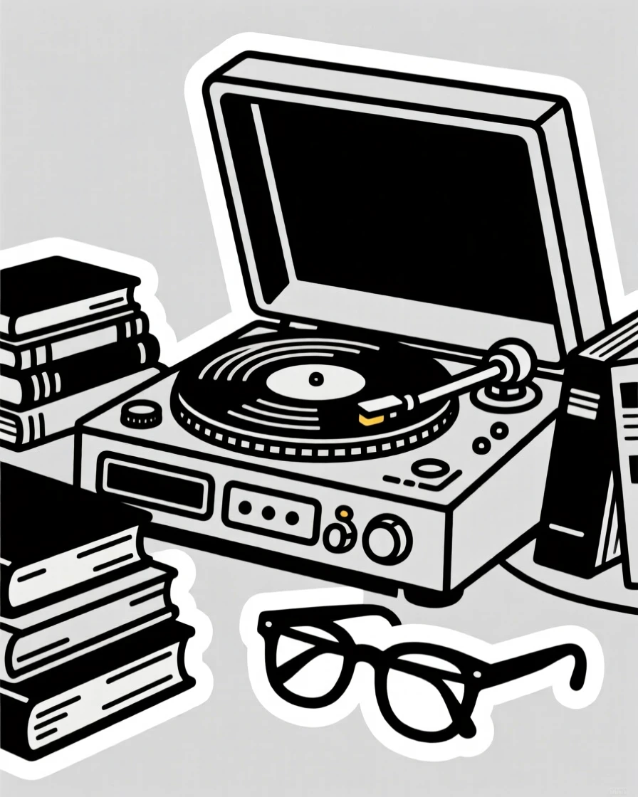A nostalgic retro record player, tucked beside a pair of reading glasses, in a study filled with books.