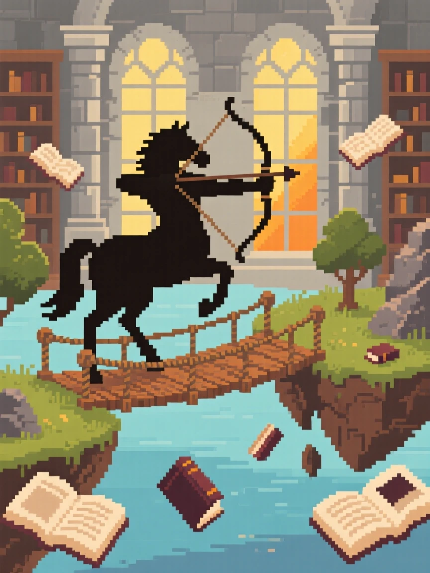 A centaur archer crossing a rope bridge between floating islands, in a library filled with floating books.