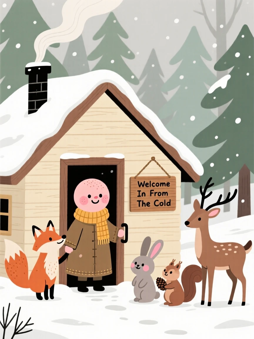 A wandering traveler stands at the door of a cottage with a crooked chimney tucked into a snowy forest, welcoming a group of woodland animals inside from the cold.