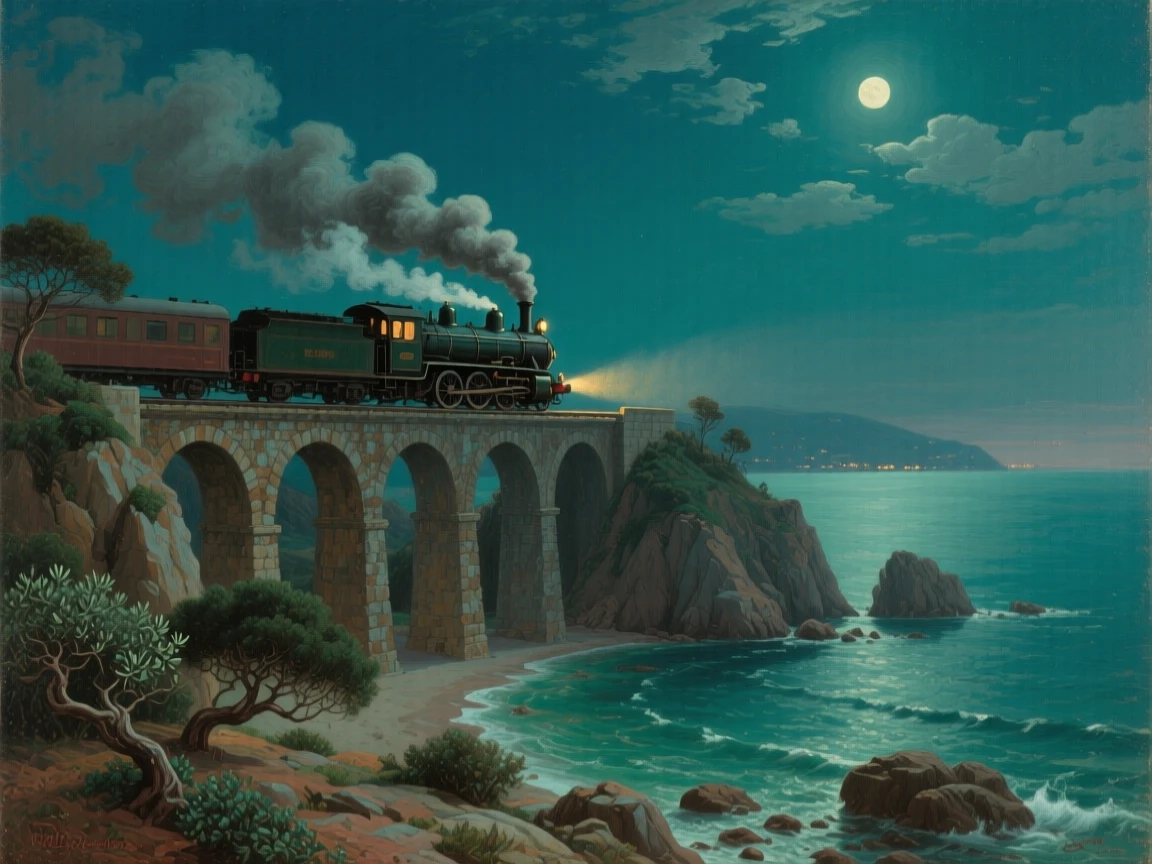 A broad landscape view of a steam locomotive thundering across a stone viaduct wreathed in smoke, on the coast of Provence, under the night sky, beneath drifting clouds.