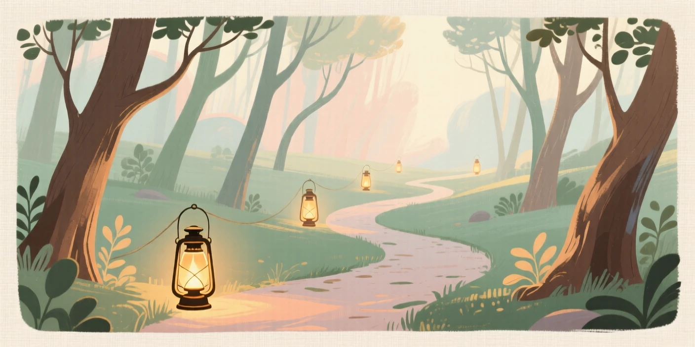 A magical lantern-lit path winding through an enchanted forest