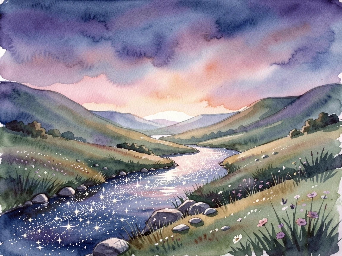 A river of stars flowing through a mystical valley under a sky full of swirling colors.