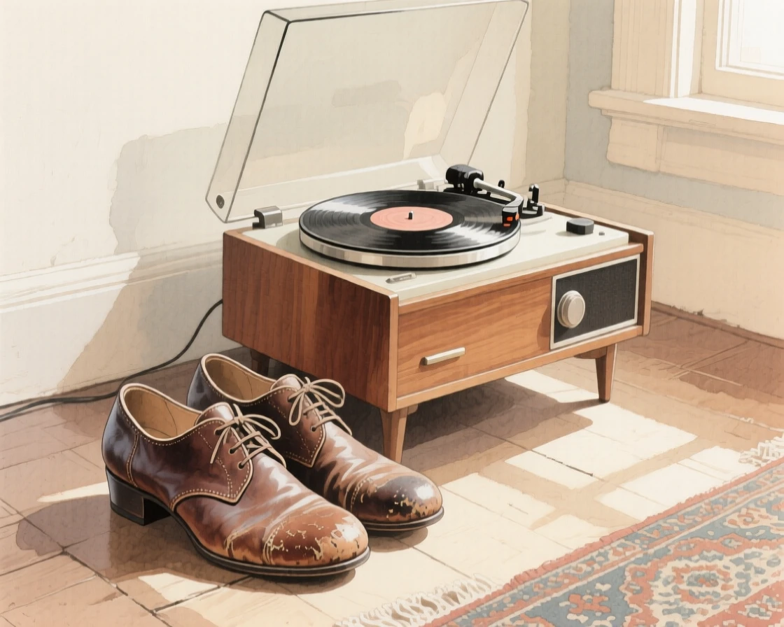 A pair of worn dance shoes rests beside a record player in a sunlit vintage living room