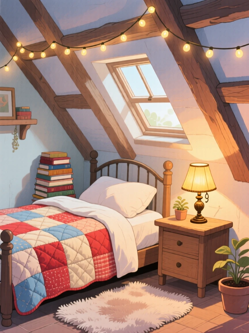 A cozy attic bedroom with fairy lights strung above a quilted bed, with soft golden lamplight glowing nearby, evoking deep comfort and contentment.