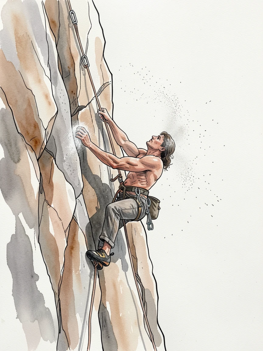 A rock climber scaling a sheer cliff face, chalk dust drifting from their hands