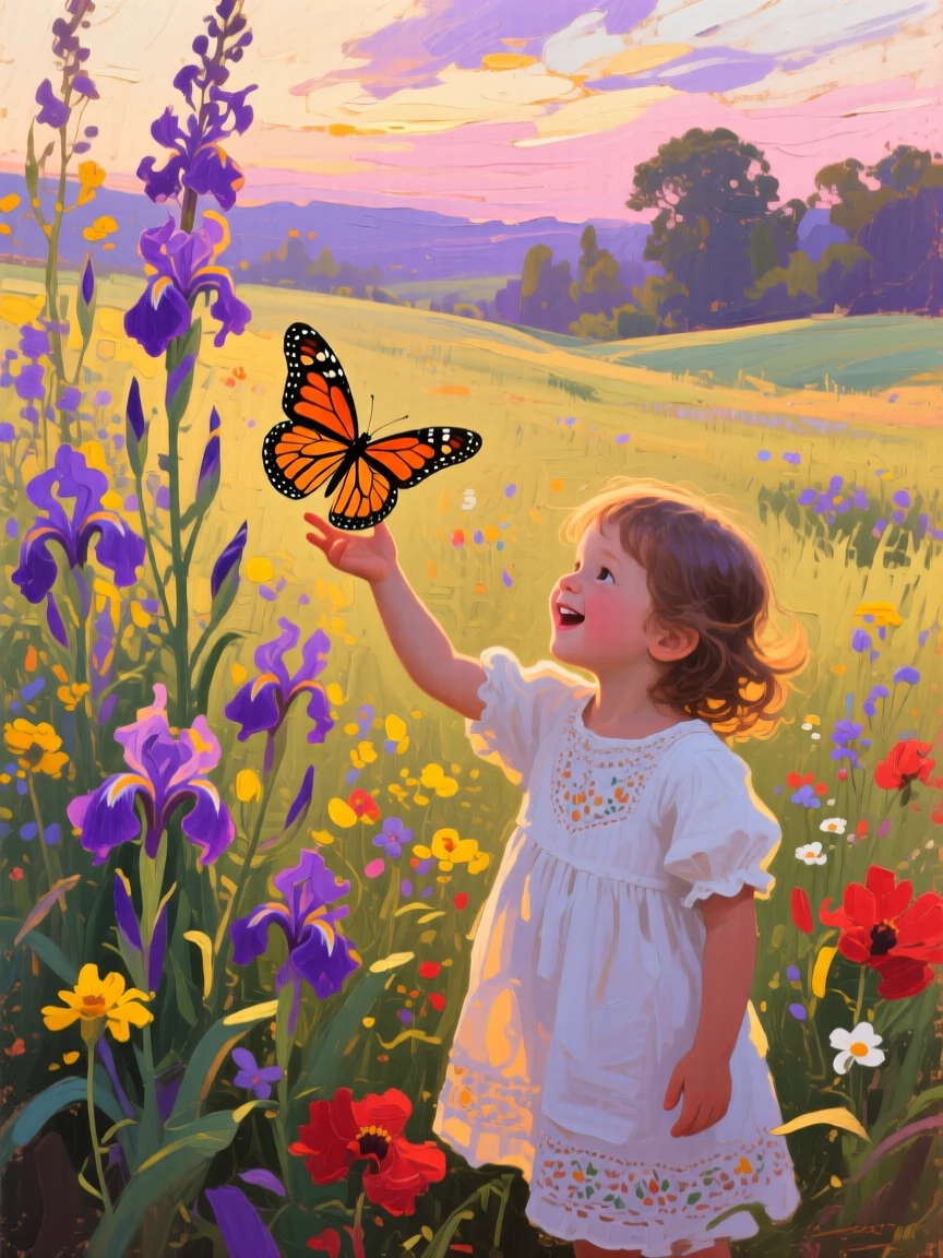 a child releasing a butterfly among tall flowers, in the last light before evening, with a clear foreground, subject, and distant setting.