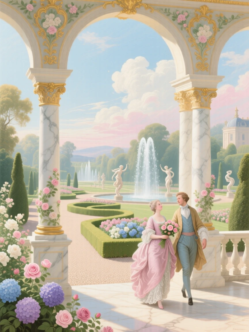 A marble colonnade overlooking formal gardens and distant fountains  