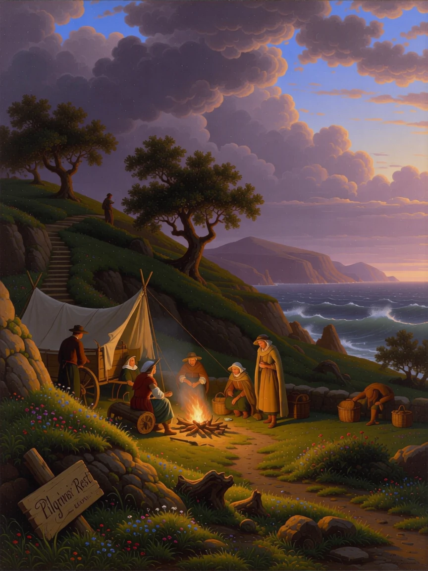 A group of pilgrims makes camp beside a terraced hillside overlooking the sea beneath a darkening sky.