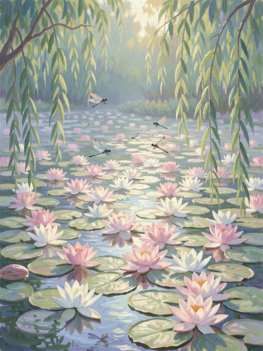 A tranquil pond covered in water lilies, dragonflies hovering above the pads beneath a canopy of willow branches.