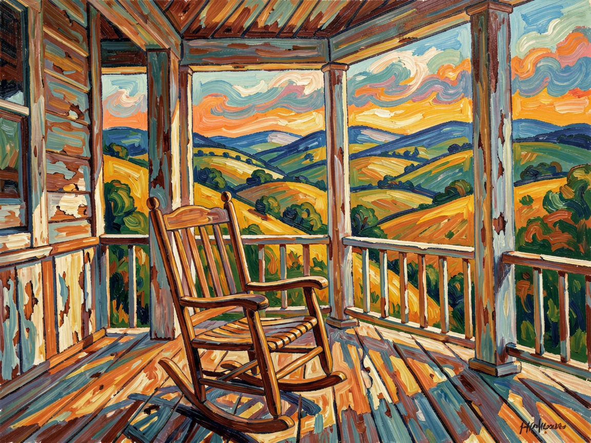 A rustic farmhouse porch with a rocking chair and a view of rolling hills beyond.