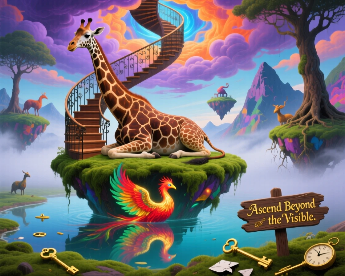 A giraffe whose neck stretches into a spiral staircase rests quietly atop a floating patch of green moss, while its reflection shows a completely different creature.