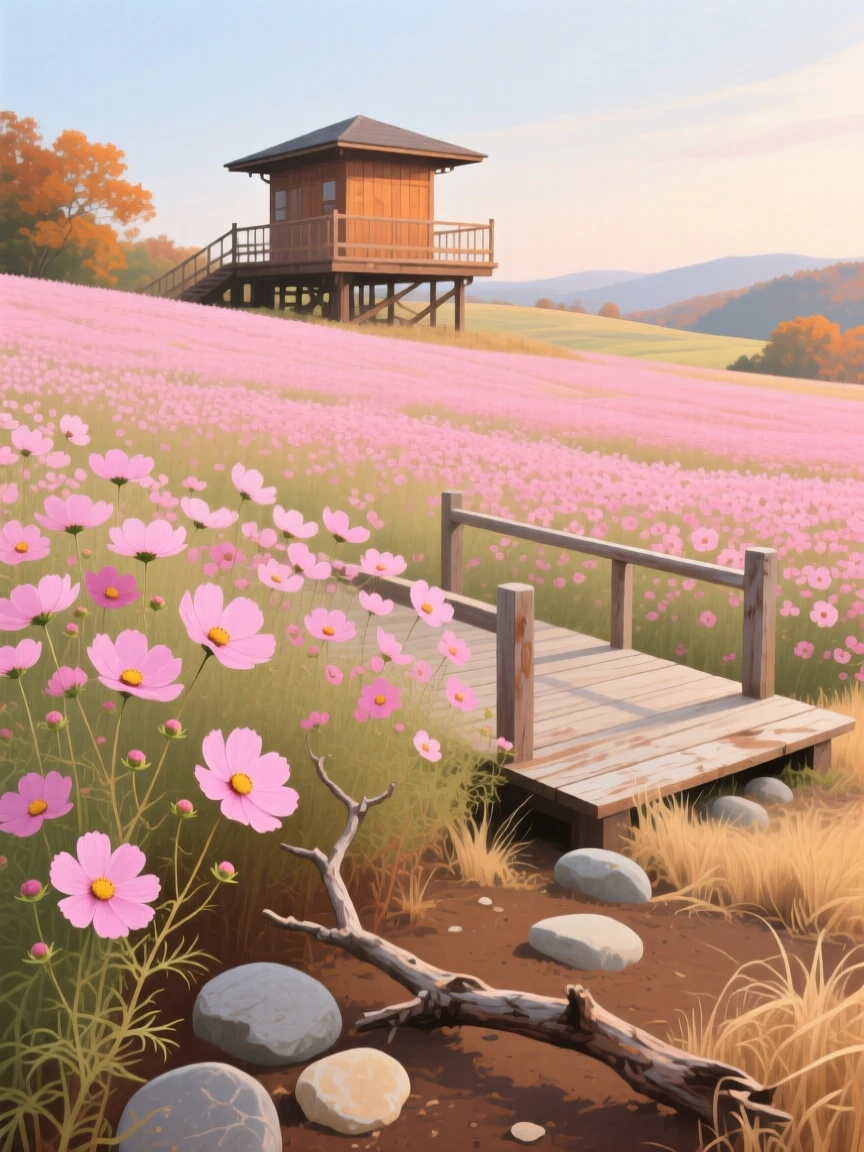A vast field of pink cosmos flowers sways gently in a Korean autumn breeze, a wooden observation deck offering views across the rolling expanse, small natural details like scattered stones and fallen branches adding quiet interest to the ground.