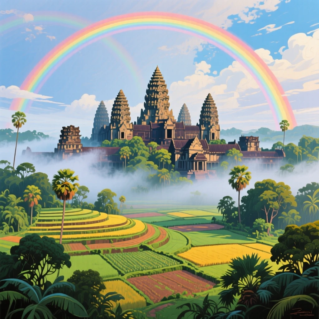 Angkor Wat temple emerging from thick jungle fog, under a rare double rainbow, terraced fields spreading out below
