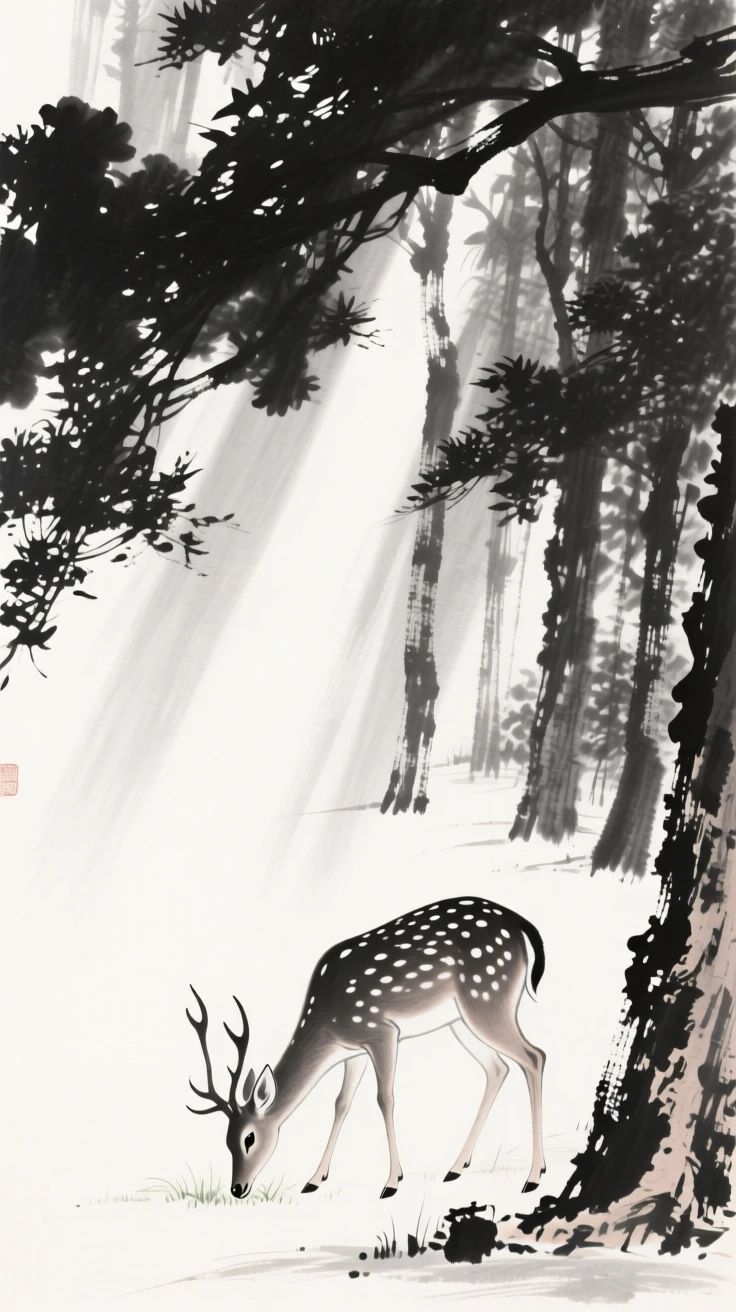 A spotted deer grazes quietly at the edge of a forest clearing, beneath dappled light filtering through the canopy.