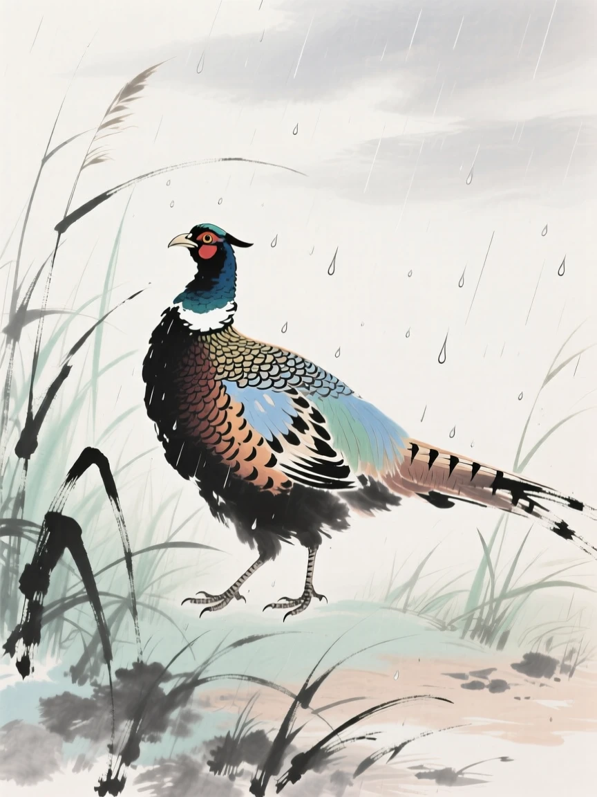 A pheasant with brilliant plumage stepping through tall grass, in a gentle drizzle, at midday.
