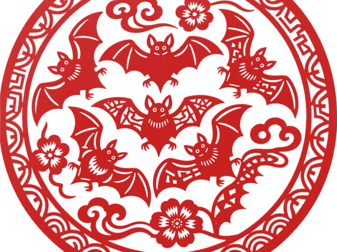 Five bats in circular formation, arranged within a circular medallion, a design meant to welcome abundance into the home.