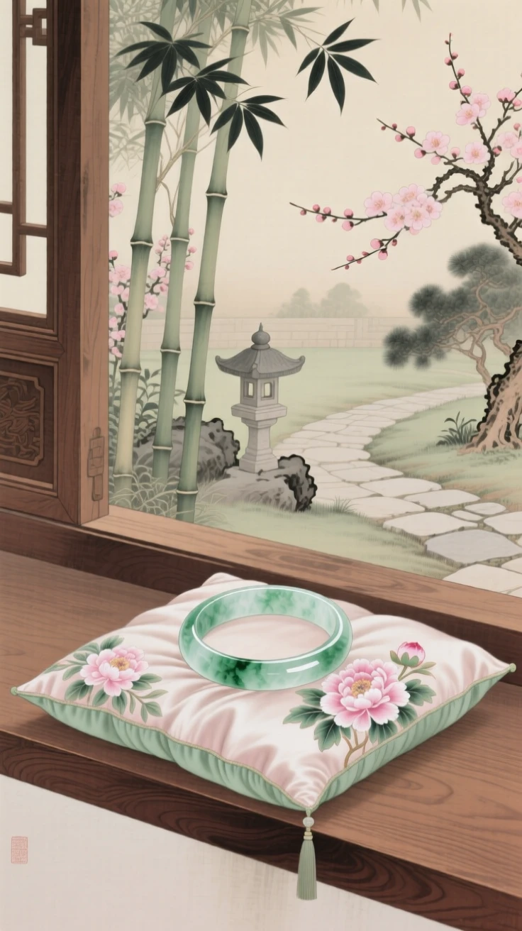 A jade bracelet resting on a silk cushion on a windowsill overlooking a garden