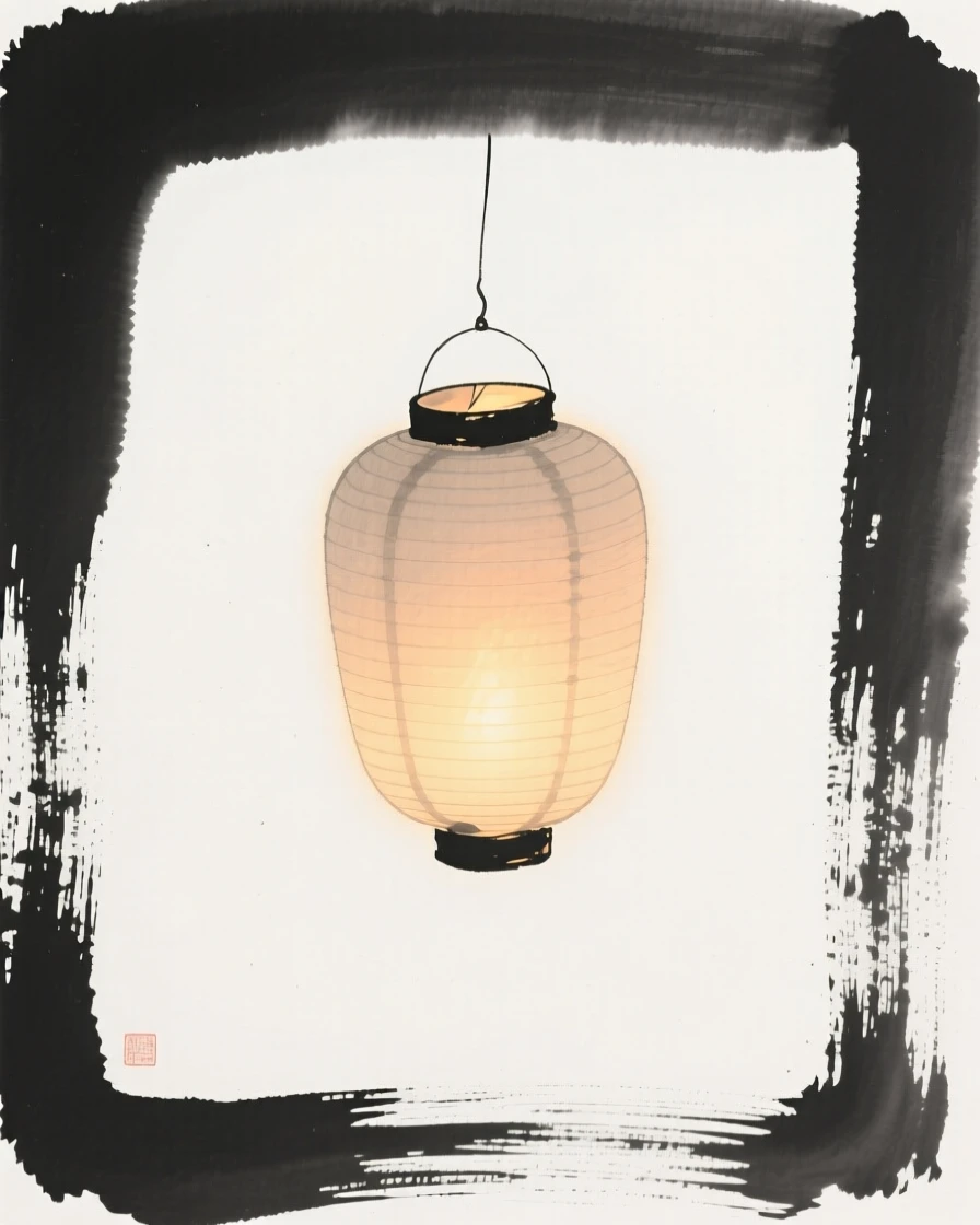 A single paper lantern left glowing after a festival has ended, framed minimally, letting emptiness carry the mood, capturing a fleeting, meditative moment of peace.