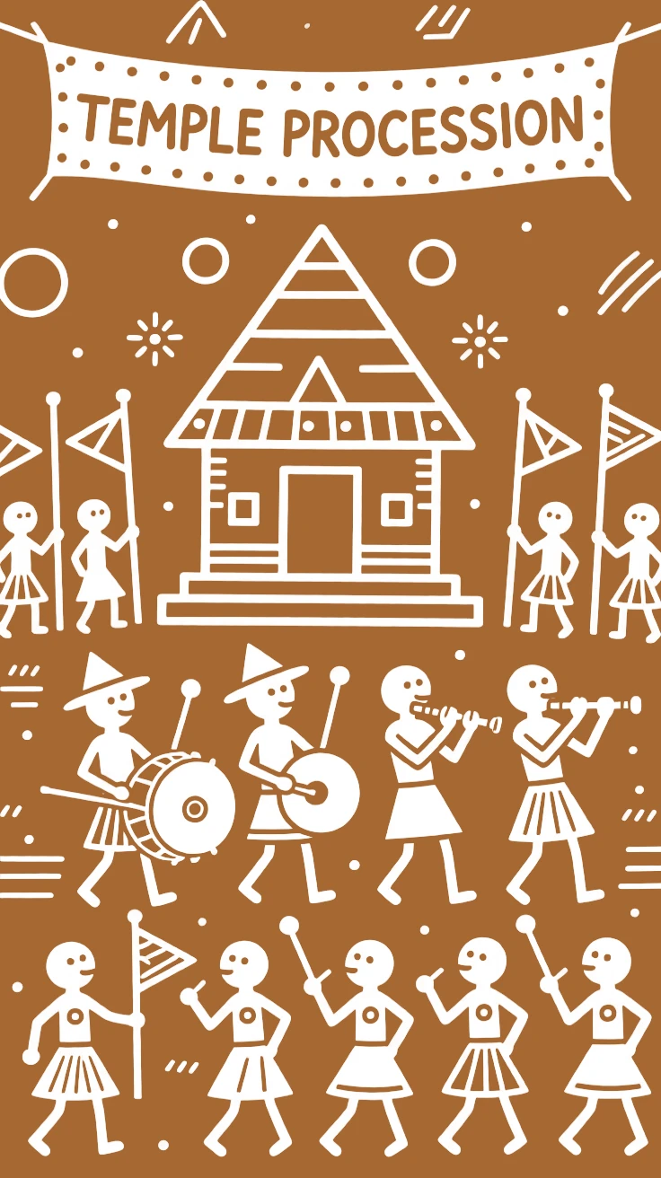 A temple procession celebrated as musicians play traditional instruments together.