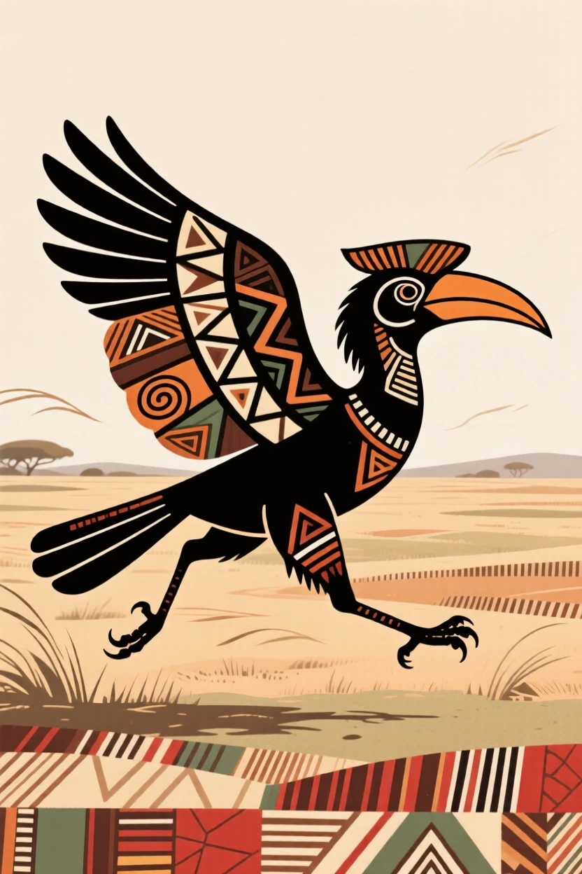 A hornbill running across the open plain.