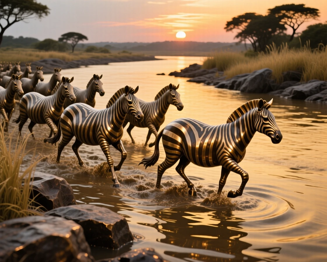 A zebra herd crossing a golden river at sunset, framed by dramatic natural scenery, evoking wonder and majesty