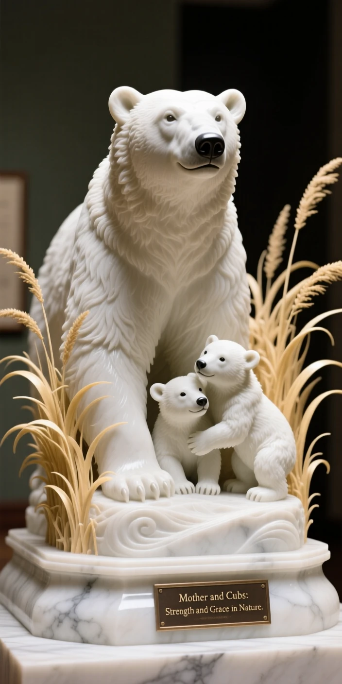 A polar bear and her cubs captured in a powerful, dignified pose in golden savanna grass