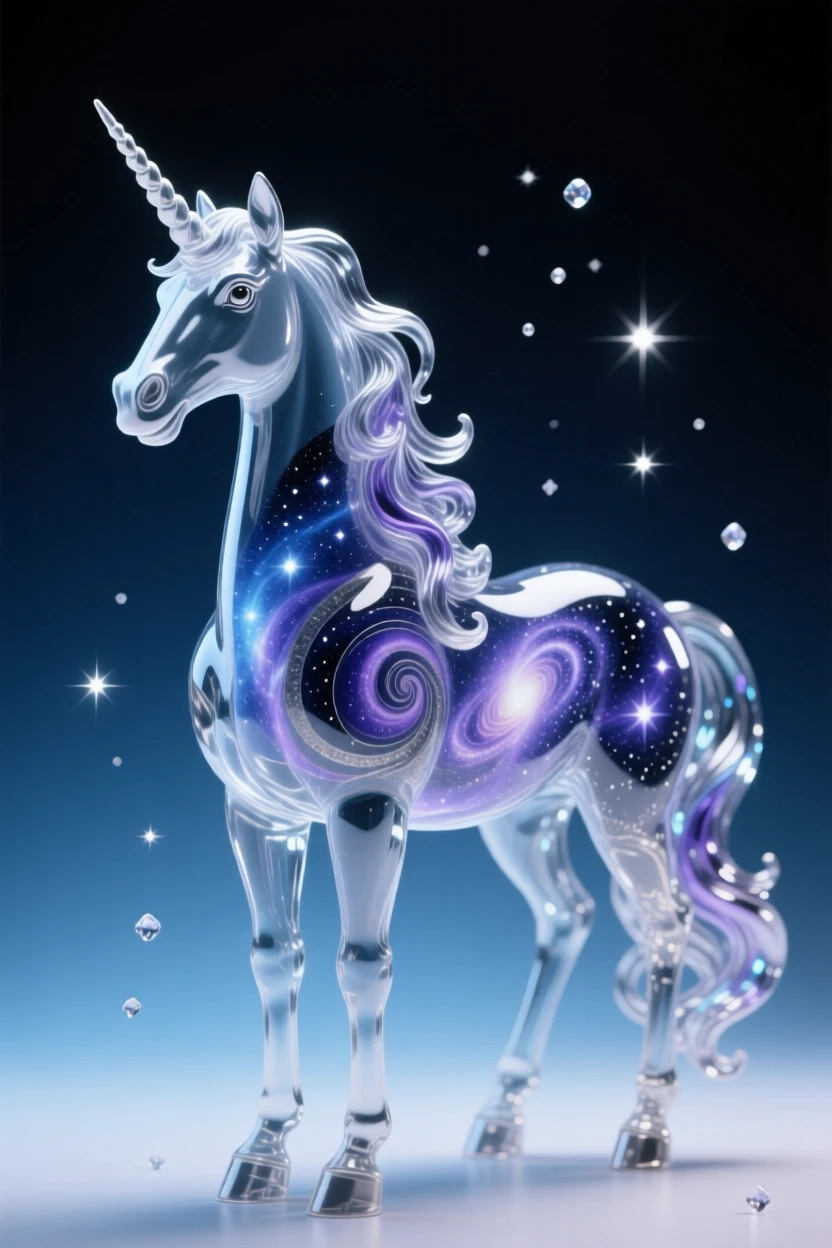 A starlit unicorn with a flowing galaxy-patterned mane, bathed in soft magical light with drifting sparkles in the air, epic and awe-inspiring composition, evoking wonder and adventure.