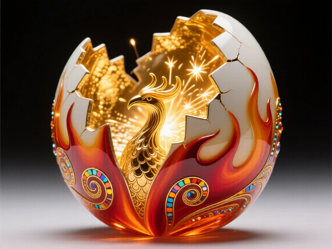 A phoenix egg cracking open with golden light spilling out, transformative and hopeful.