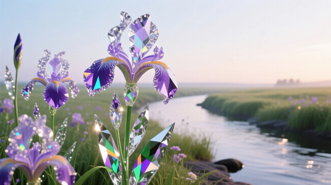 A field of wild irises growing along a quiet riverbank at dawn.