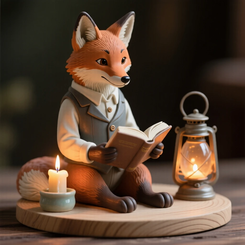 A fox in a waistcoat reading by candlelight gathered together in a heartwarming tableau, with warm lantern light glowing softly nearby, conveying pure, heartwarming whimsy.