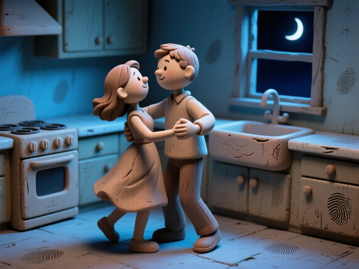 A young couple slow dancing in an empty kitchen at midnight
