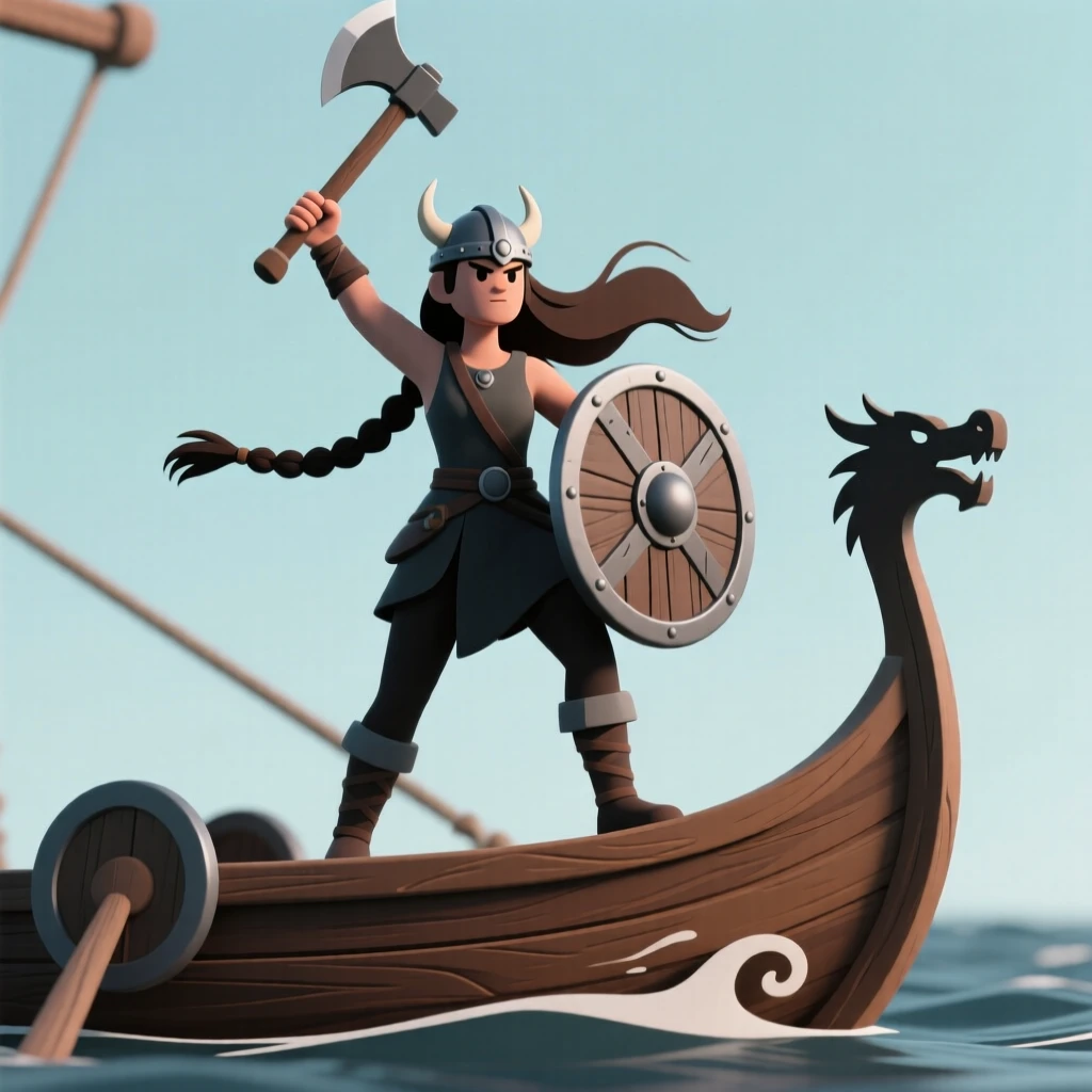 A fierce Viking shield-maiden raises an axe triumphantly atop a longship's prow, braids whipping in ocean wind.