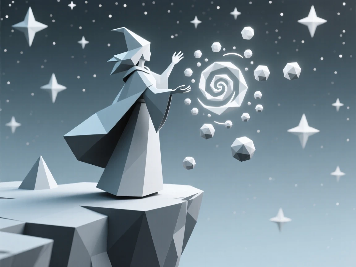 A sorceress conjuring swirling magical light, atop a cliff overlooking an endless starry sky. swirling particles of light drift through the air. A gentle, magical glow softens the scene.