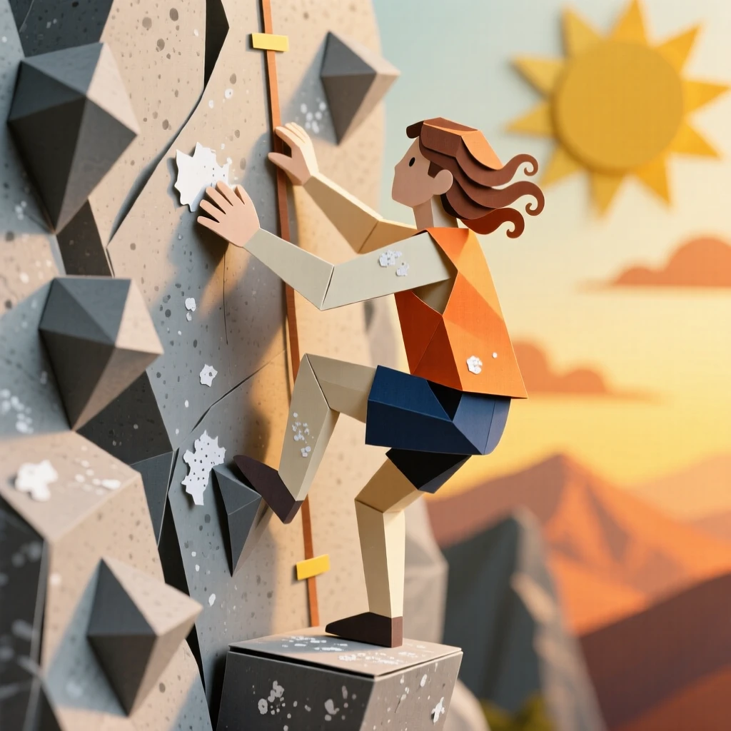 A rock climber scaling a dramatic granite cliff face at golden hour, chalk dust visible on their hands, evoking determination and thrill.